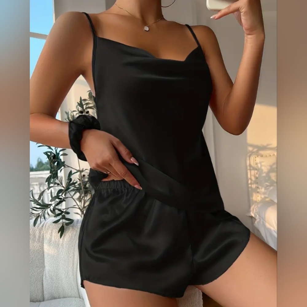 NWOT, Solid Satin Pajama Set, V Neck Cami Top & Elastic Waistband Shorts, Size S